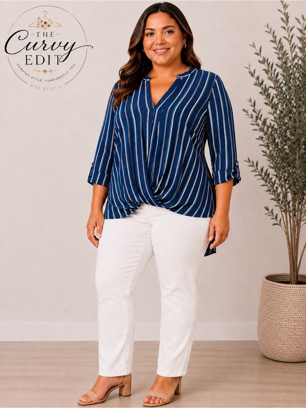 Always Indigo 2X Navy Striped Faux Tuck High-Low Blouse 3/4 Tab Sleeve